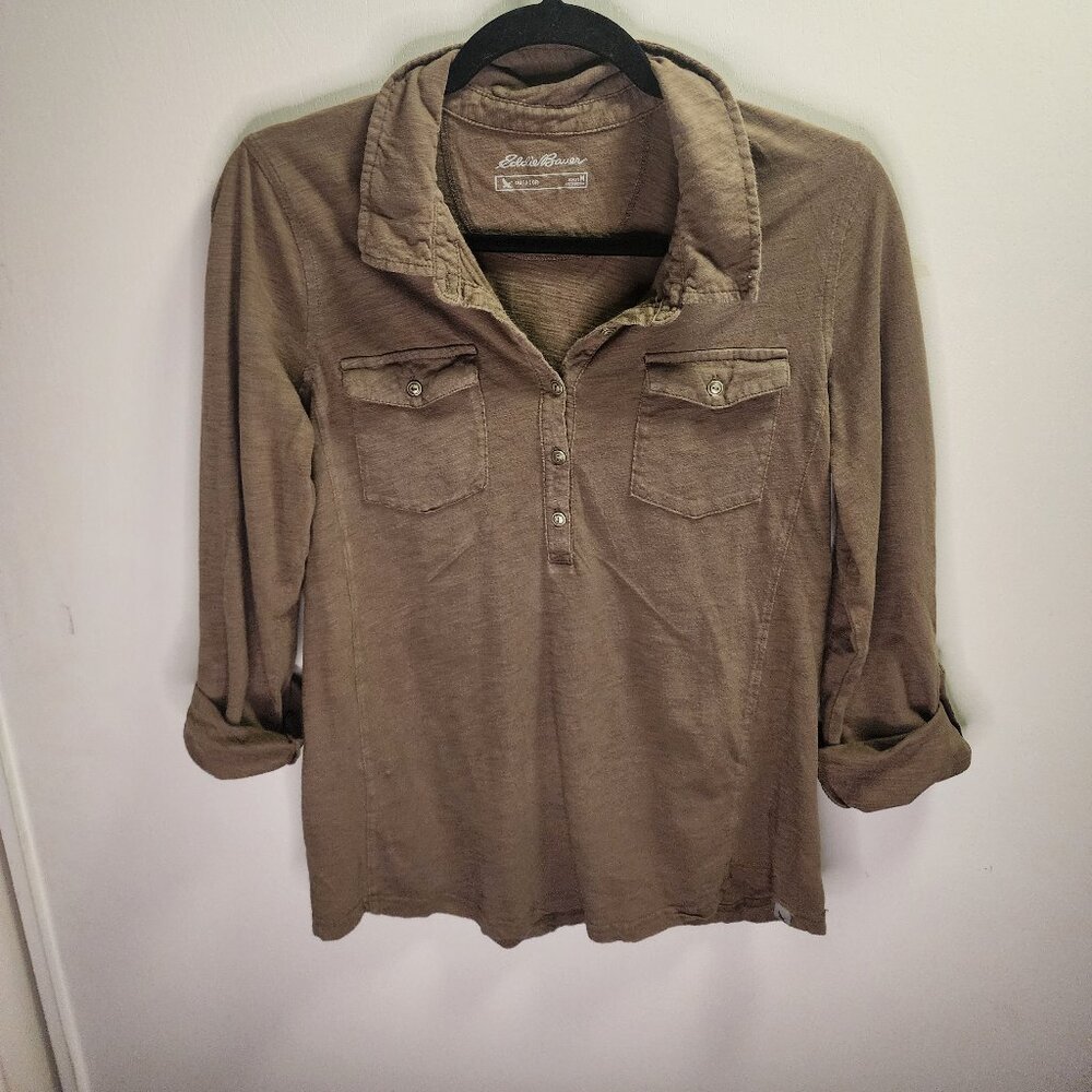 Eddie Bauer Brown 1/4 Button Front Shirt - Size M